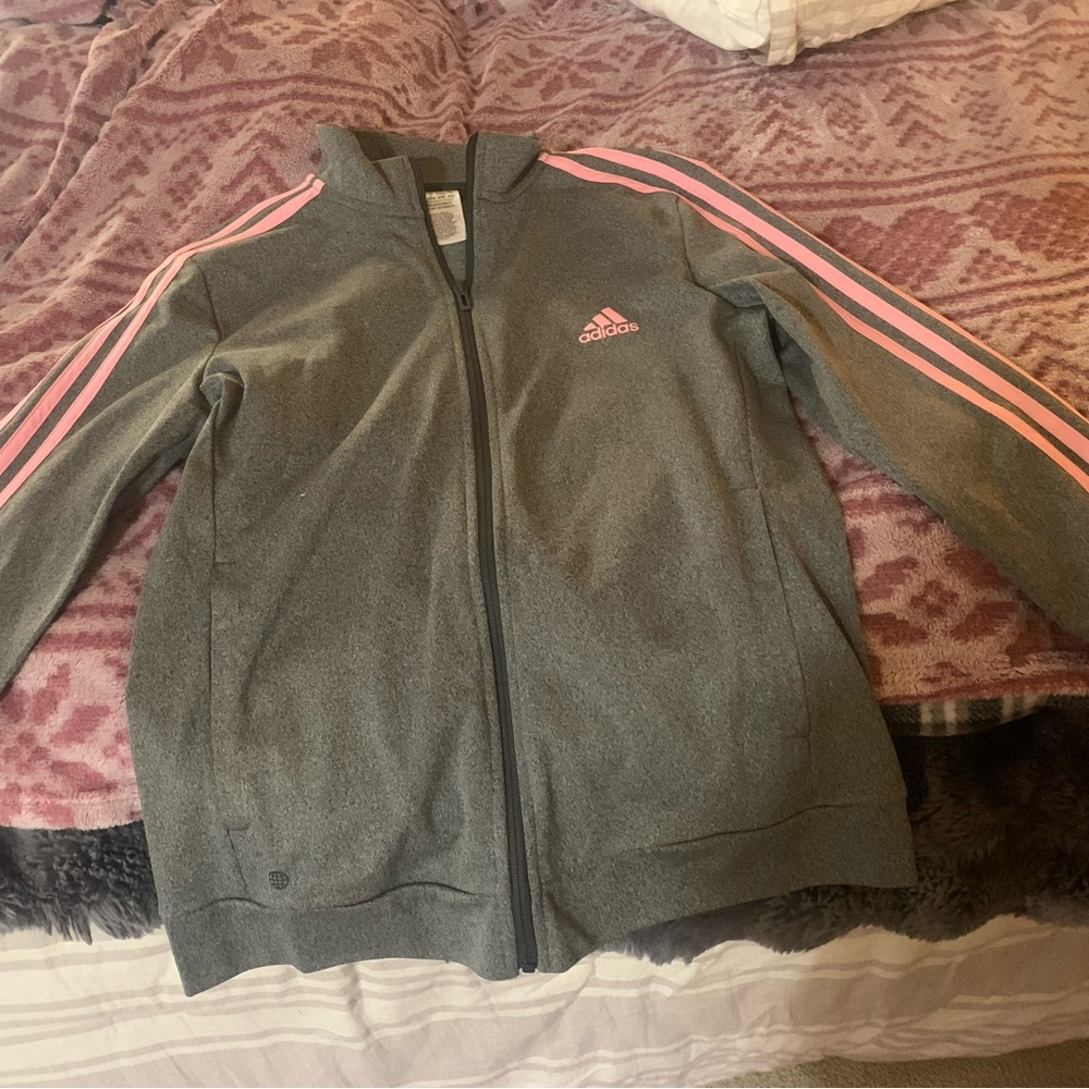 Adidas Kids Charcoal Jacket with Pink Stripes
